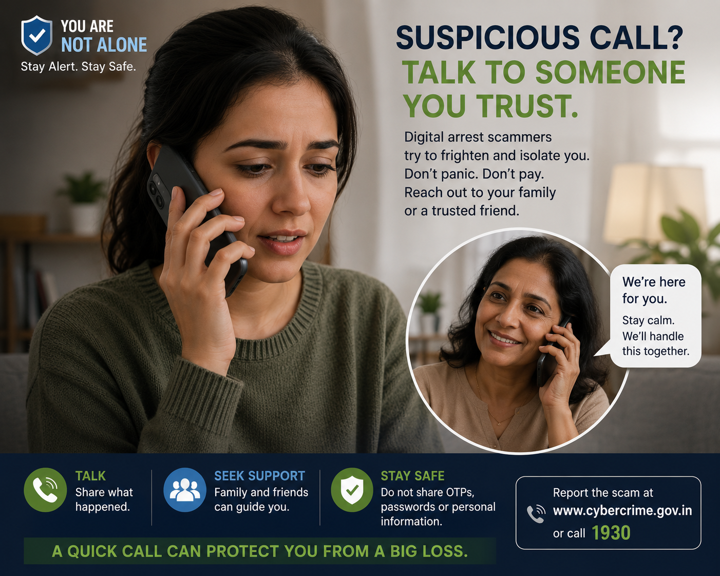Call a trusted family member before responding to threats